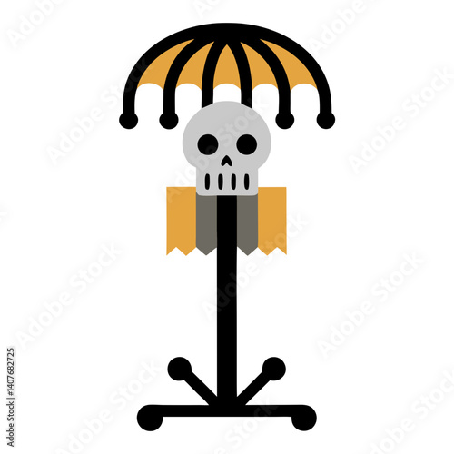 A sheltered skull under a whimsical umbrella, standing solemnly on a simple stand with bold black lines and muted yellow accents.