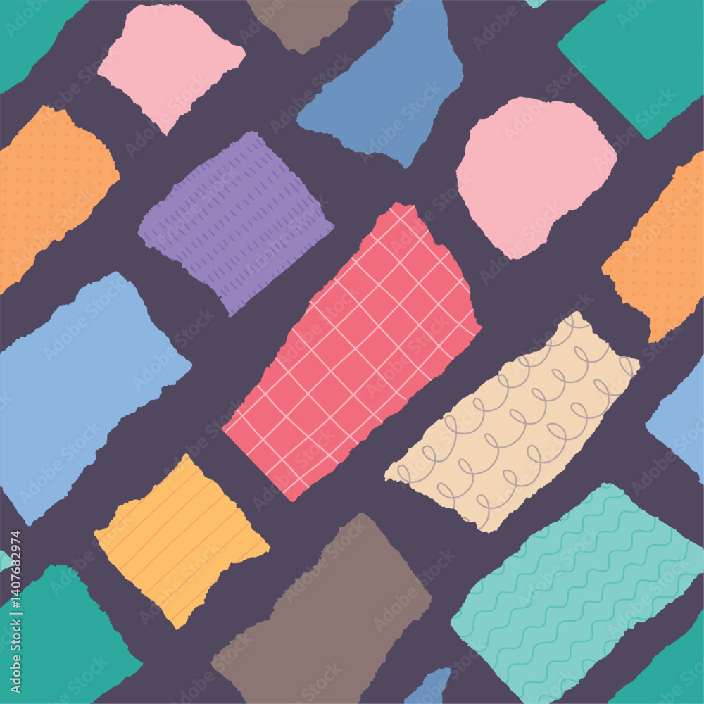 Torn paper pieces seamless pattern. Color cut fragments, random shapes of scraps, repeated collage elements, cute textile, wrapping paper, wallpaper. Print for fabric classy vector background
