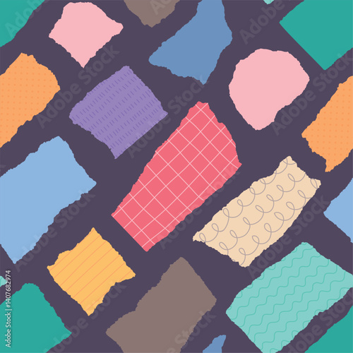 Obraz na płótnie Torn paper pieces seamless pattern. Color cut fragments, random shapes of scraps, repeated collage elements, cute textile, wrapping paper, wallpaper. Print for fabric classy vector background w salonie
