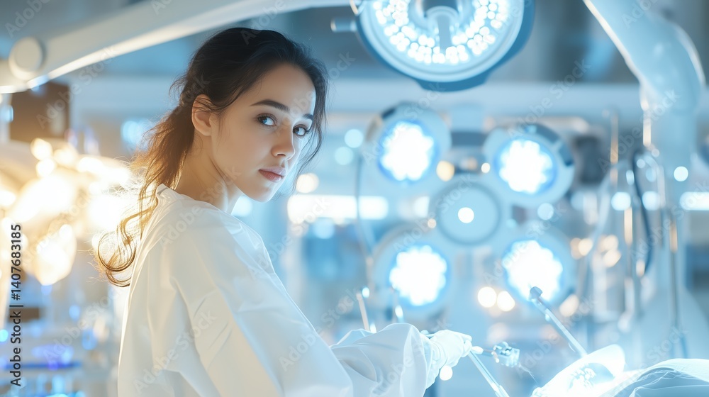 Healthcare professional performs surgery in a modern operating room with advanced equipment and bright lighting Healthcare professional performs surgery in a modern operating room with advanced equipment and bright lighting