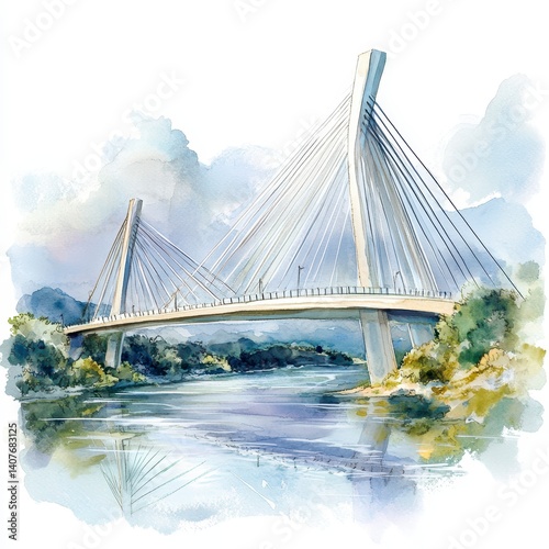 Watercolor Painting of a Modern Cable Stay Bridge over a River