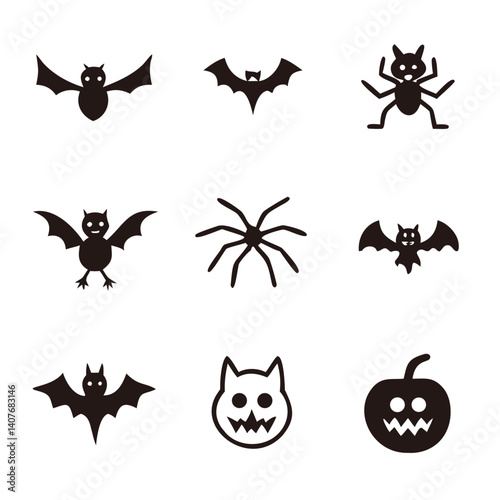 Playful Halloween icons featuring cute bats, spiders, and a jack-o'-lantern in simple black silhouettes against a white background.