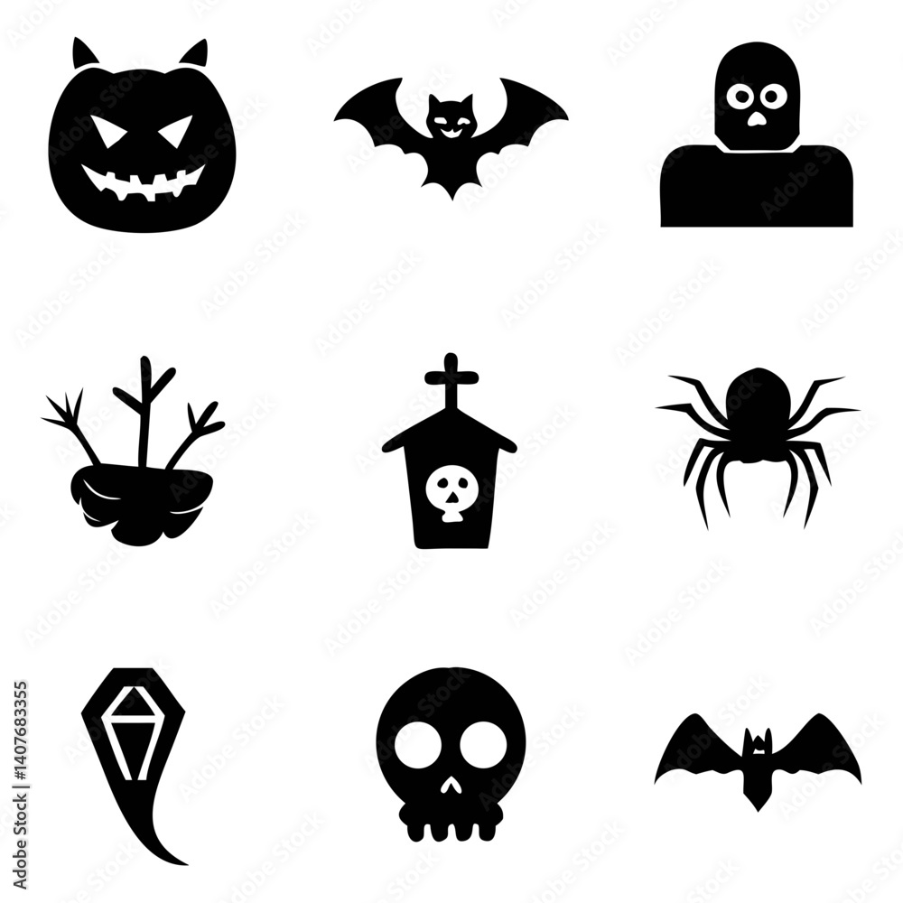Obraz premium Spooky Halloween icons: a wicked collection of jack-o'-lanterns, bats, tombstones, spiders, and skulls, in bold black silhouettes against a stark white background.
