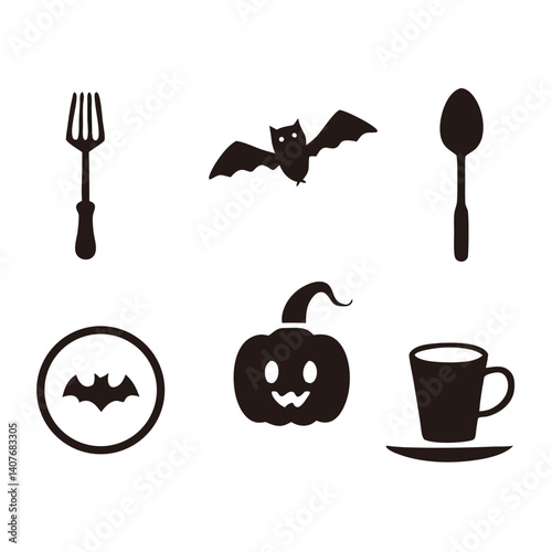 Spooky Halloween dinnerware icons: a playful jack-o'-lantern, cute bats, and classic cutlery silhouettes against a clean white background.