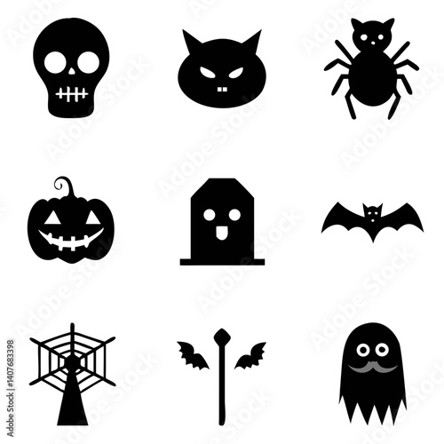 Spooky Halloween icons featuring a grinning pumpkin, a mischievous ghost, a creepy bat, and a scary spider, all in bold black silhouettes against a crisp white background.