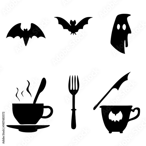 Spooky silhouettes of bats, ghosts, and a steaming cup with a fork, hinting at a mysterious Halloween feast, rendered in stark black against a white background.