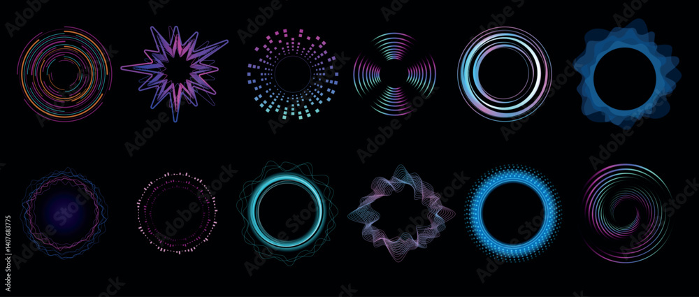 Circular sound waves. Radial diagrams of audio, music graphics, equalizer shapes, voice signals, light particles, isolated on white background glowing frame, qualitative vector soundwaves set