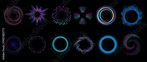 Obraz na płótnie Circular sound waves. Radial diagrams of audio, music graphics, equalizer shapes, voice signals, light particles, isolated on white background glowing frame, qualitative vector soundwaves set w salonie