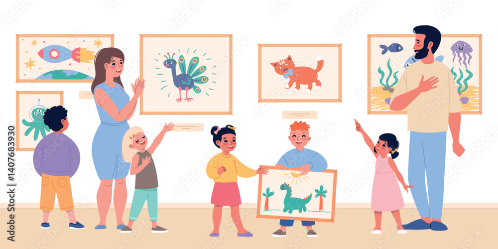 Children paintings exhibition. Young artists artworks, parents look at kids drawings, admiring visitors with creators, happy boys and girls cartoon flat isolated classy vector concept