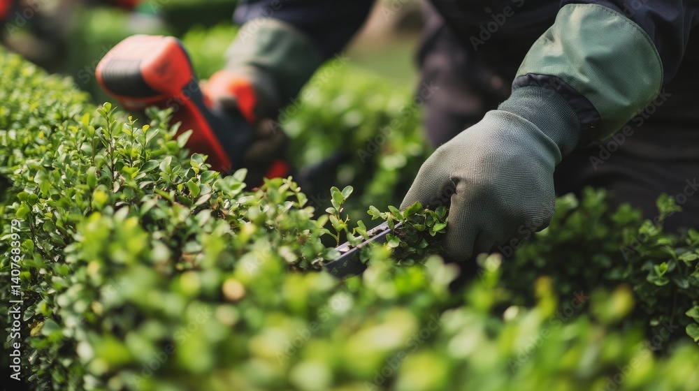 Fototapeta premium Landscaper trimming hedges in a residential garden. Featuring care and attention