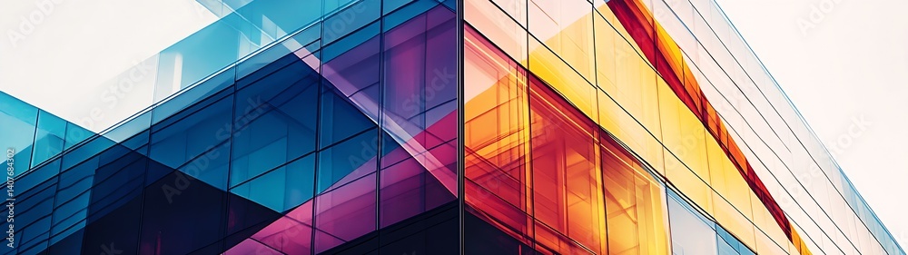 Dynamic close-up of colorful glass architecture reflecting vibrant sunlight with geometric shapes and sleek design : Generative AI