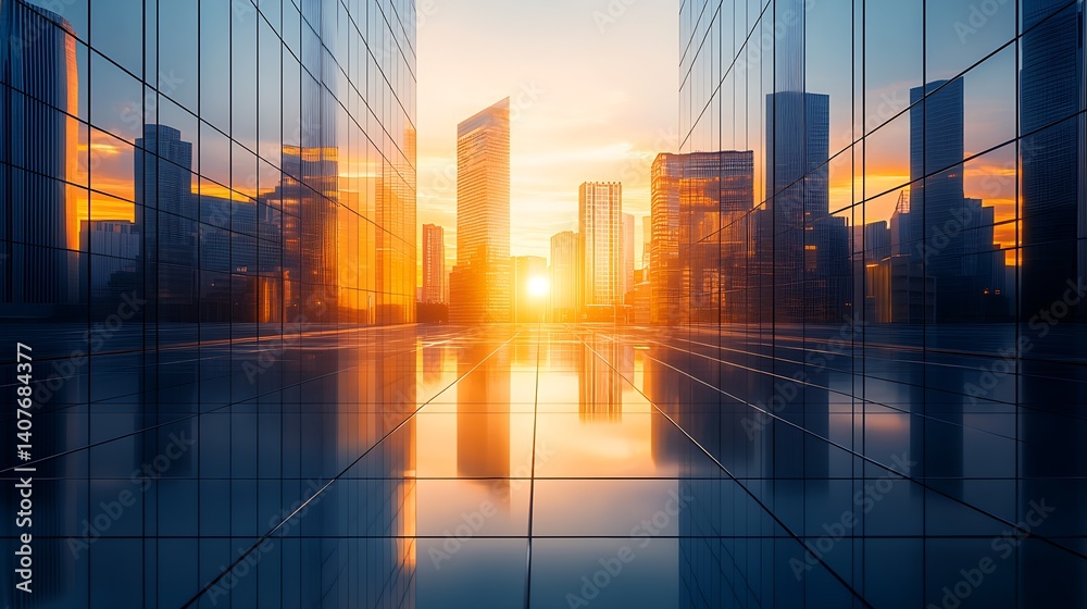 Vibrant city skyline during sunset showcasing towering buildings and reflections : Generative AI