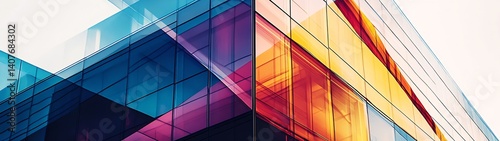 Dynamic close-up of colorful glass architecture reflecting vibrant sunlight with geometric shapes and sleek design : Generative AI