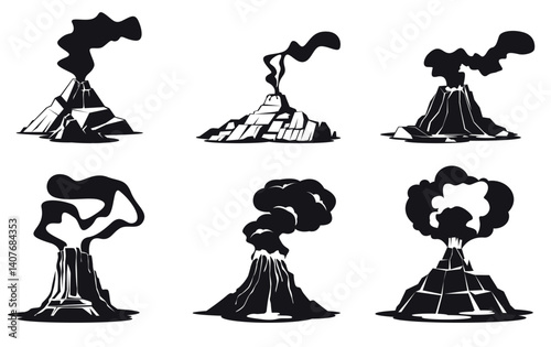 Active volcano icons. Black silhouettes mountains with craters, lava eruption process, rocks with clouds, natural disaster, dangerous catastrophe, isolated logo design, qualitative vector set