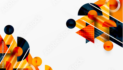 Abstract geometric composition. Orange, navy shapes overlap creating dynamic visual effect. Circles, triangles, lines form modern design. Minimalist style, clean aesthetic.