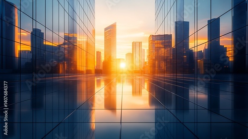 Vibrant city skyline during sunset showcasing towering buildings and reflections : Generative AI