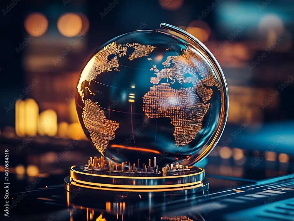 Detailed globe representation of world continents glowing with data metrics for finance and technology contexts : Generative AI