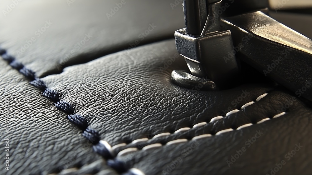 Close Up of Functioning Sewing Machinery on Black Leather with Visible Stitching Process : Generative AI