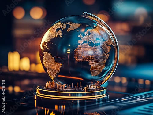Obraz na płótnie Detailed globe representation of world continents glowing with data metrics for finance and technology contexts : Generative AI w salonie