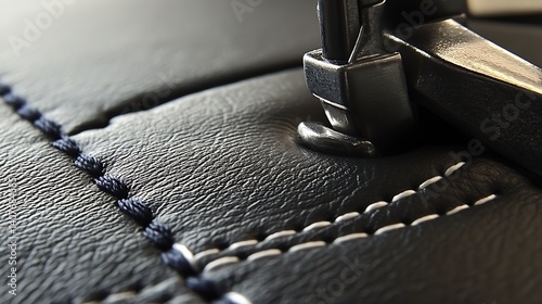 Obraz na płótnie Close Up of Functioning Sewing Machinery on Black Leather with Visible Stitching Process : Generative AI w salonie