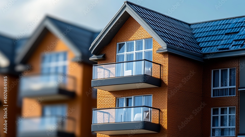 Stylish Brick and Balcony Apartment Building Under Blue Sky with Soft Morning Light : Generative AI