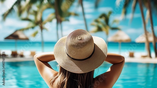 Relaxed woman enjoying the soothing ambiance of the luxurious poolside while wearing a stylish straw hat with ocean backdrop : Generative AI