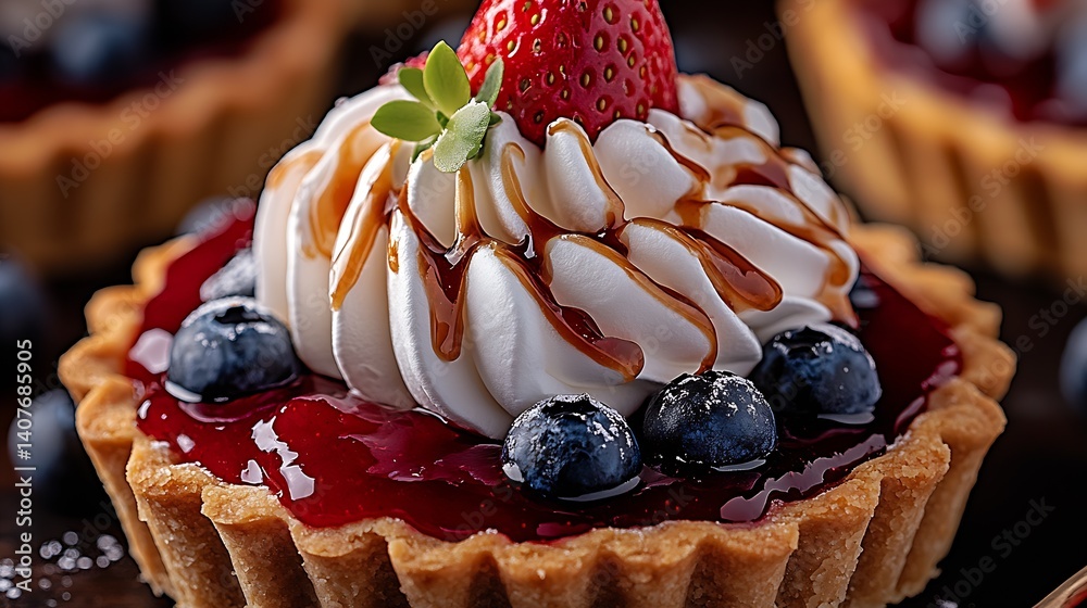 Delicious Berry Tart with Whipped Cream and Blueberries Topped with Strawberry Delight : Generative AI