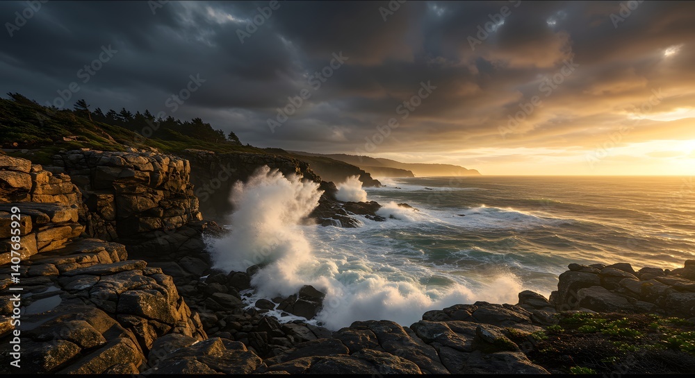 Fototapeta premium Cliffside coastal landscape with waves crashing on rocks and dramatic clouds in the sky