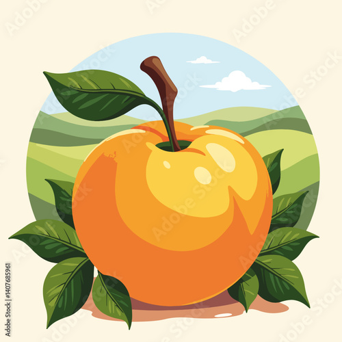 Vibrant peach atop green leaves in sunny orchard, nature's bounty