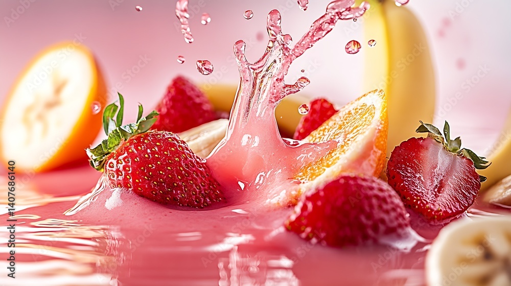 Dynamic Fruit Juice Splash Featuring Strawberries and Bananas in a Refreshing Moment : Generative AI