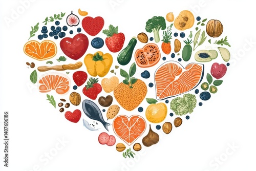 Heart Shape Design with Various Fruits and Vegetables in Bright Colors