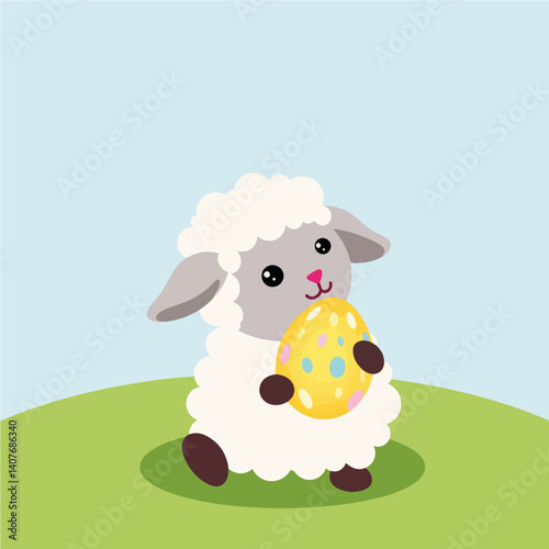 Cute lamb holding colorful Easter egg on green field, spring celebration
