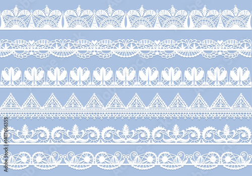 Lace borders. Decorative ornaments, vintage cotton lace, fabric patterned line, slotted ribbons with holes, beautiful paper tapes, textile classic embroidery, splendid vector isolated set