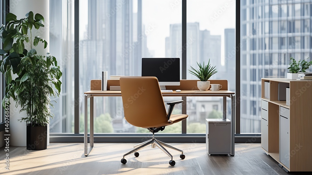 Bright office setting featuring a clean desk, ergonomic chair, and open window showcasing urban life : Generative AI
