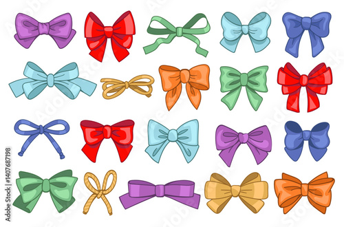 Color gift bows. Holiday decorations, presents packaging elements, hair and hairstyle ribbons, birthday party, events, isolated decorative elegant satin accessories, splendid vector set