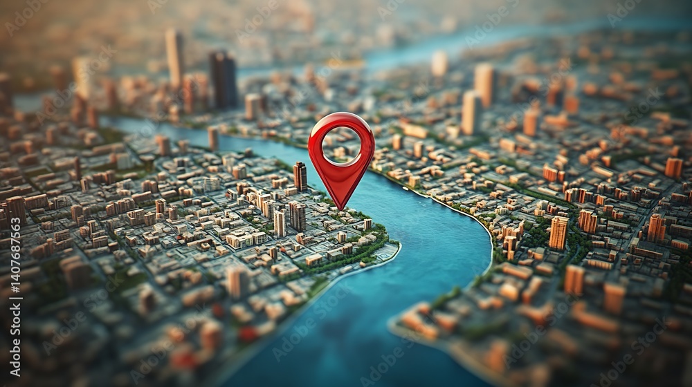 Elegant scenic view of a city with a focal location pin and sparkling waterways for easy navigation : Generative AI