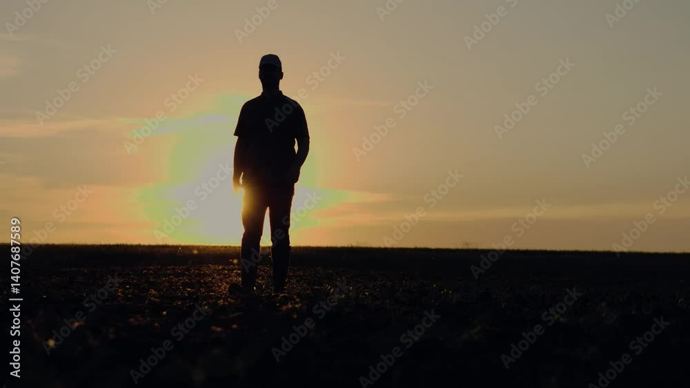 Farmer silhouette walks to inspect crops through fields in evening. Farmer takes stroll to check on crops through fields. Farmer makes way to ensure well-being of crops through fields in evening Farmer silhouette walks to inspect crops through fields in evening. Farmer takes stroll to check on crops through fields. Farmer makes way to ensure well-being of crops through fields in evening