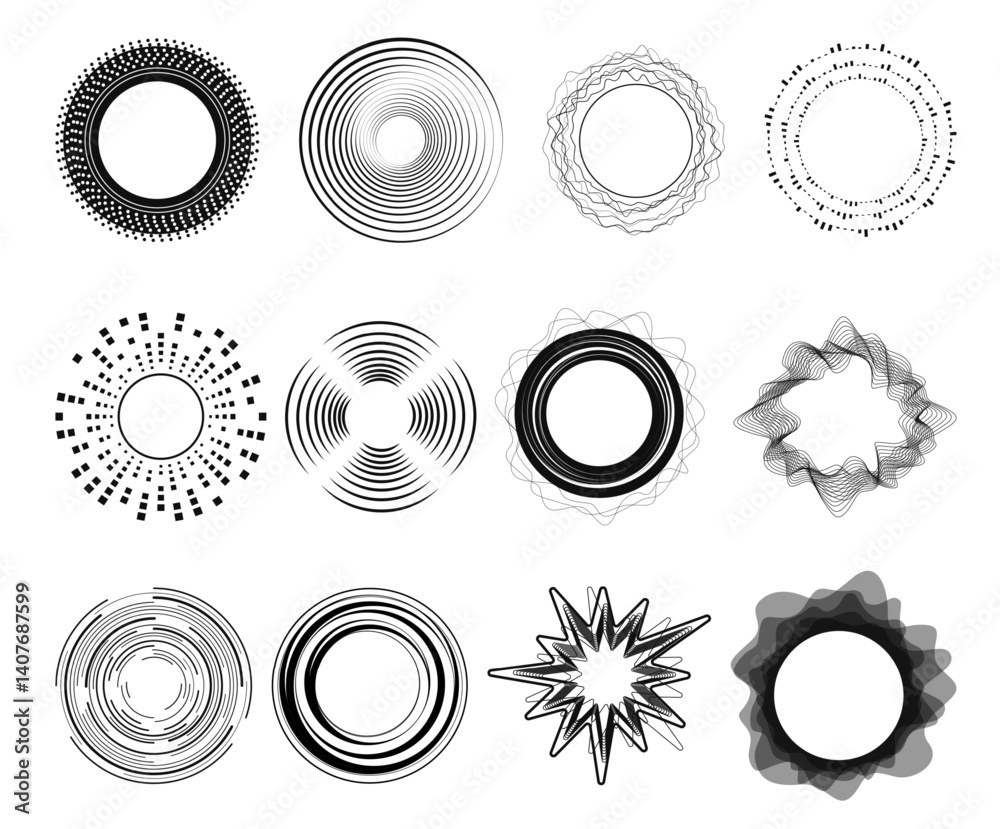 Circle sound icons. Black radial equalizer shapes, audio waves diagrams, round abstract compositions, music schemes. Geometric waveform qualitative vector silhouette isolated set