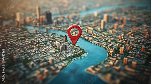 Elegant scenic view of a city with a focal location pin and sparkling waterways for easy navigation : Generative AI
