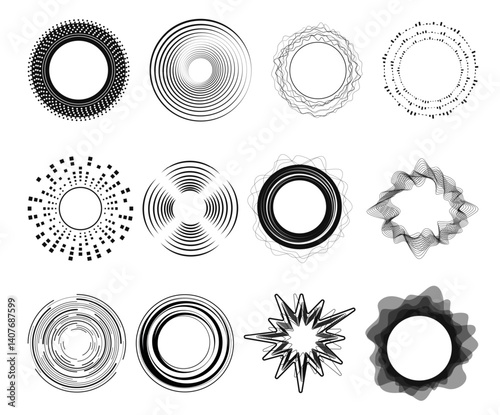 Obraz na płótnie Circle sound icons. Black radial equalizer shapes, audio waves diagrams, round abstract compositions, music schemes. Geometric waveform qualitative vector silhouette isolated set w salonie