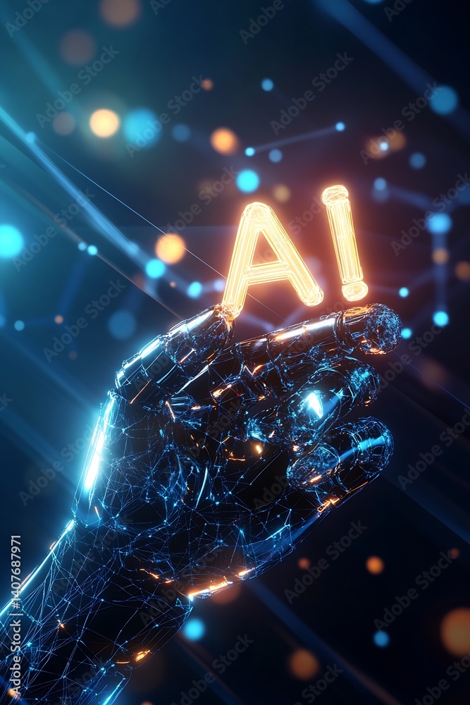Artistic representation of a robotic hand holding glowing letters AI in a captivating digital environment : Generative AI