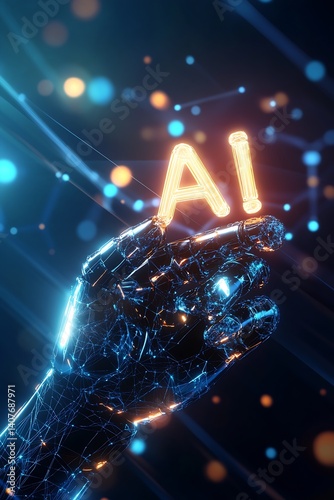 Artistic representation of a robotic hand holding glowing letters AI in a captivating digital environment : Generative AI