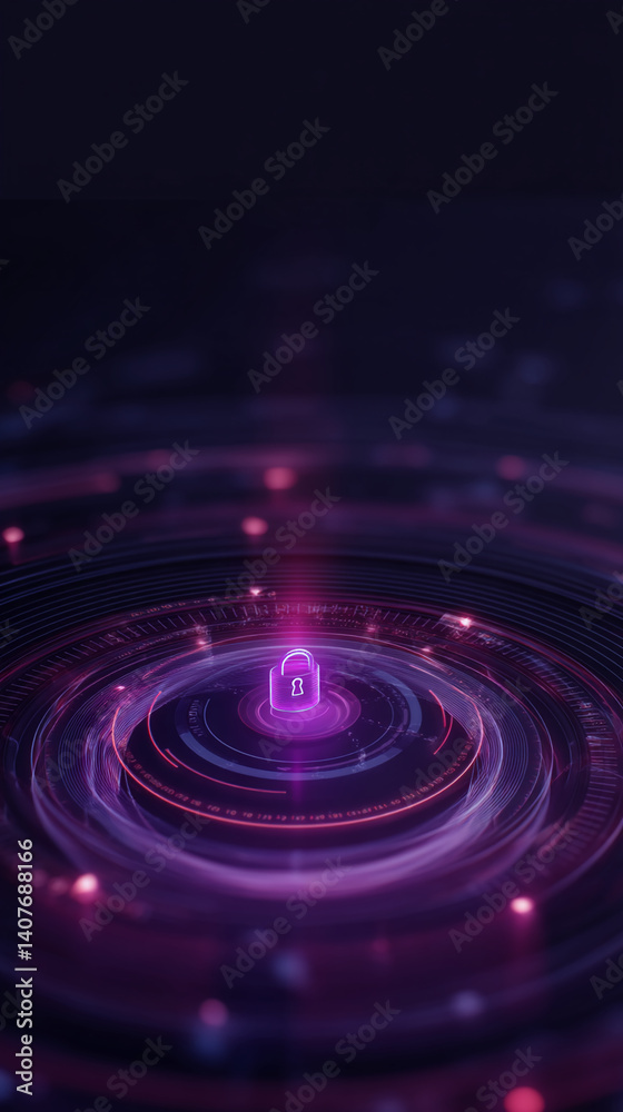Abstract digital padlock on purple glowing circular interface, symbolizing cybersecurity, data protection, and digital security Abstract digital padlock on purple glowing circular interface, symbolizing cybersecurity, data protection, and digital security