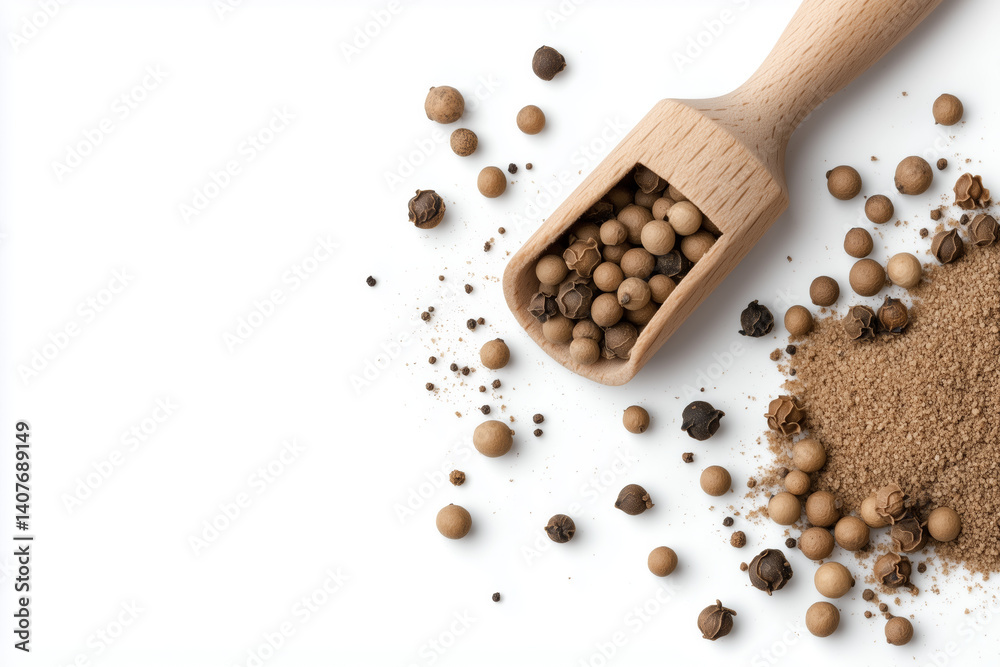 Brown and Black Peppercorns in Wooden Scoop on White Background Brown and Black Peppercorns in Wooden Scoop on White Background