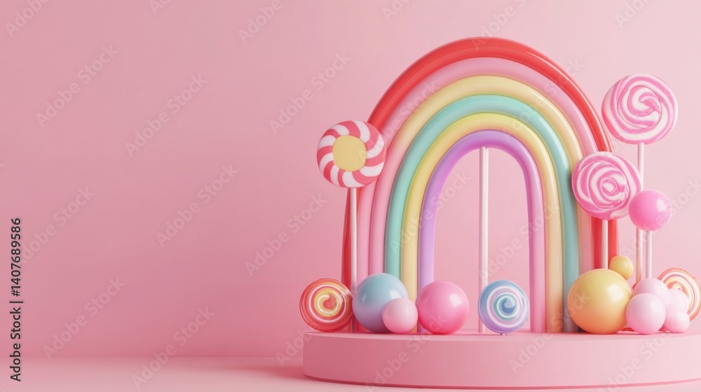 Sweet Rainbow Candy Land: A Delightful 3D Render of a whimsical candy-themed rainbow arch with lollipops and pastel spheres against a pink backdrop. Sweet Rainbow Candy Land: A Delightful 3D Render of a whimsical candy-themed rainbow arch with lollipops and pastel spheres against a pink backdrop.
