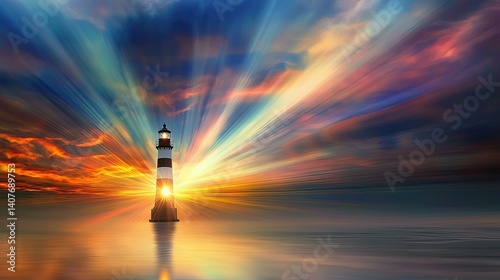 Serene lighthouse sunset radiant colorful sky