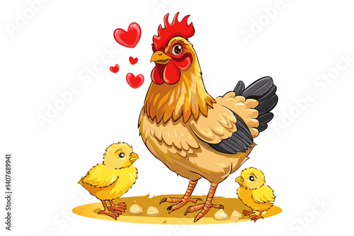 Cute farm animal, mother chicken and little yellow chicks,  agricultural bird or poultry, mother hen with her chicks, happy mother hen walking with her cute little chicks