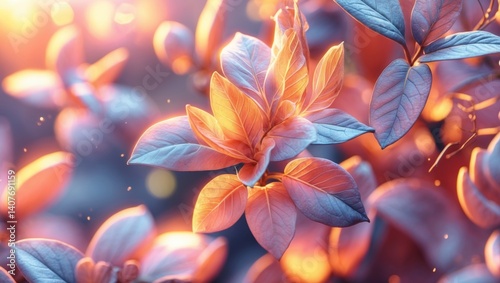 Close Up of Orange and Blue Leaves with a Sunlight Glow Botanical Beauty in Detailed Macro Photography Showing Colorful Foliage in a Nature Background