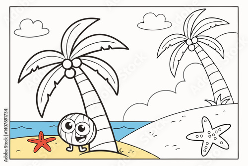kids coloring page, a beach with a coconut tree and starfish, cartoonish, friendly, thick outlines