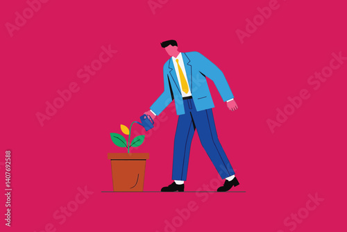 Businessman Watering Growing Plant: Nurturing Business Growth, Investment, and Cultivating Success for the Future